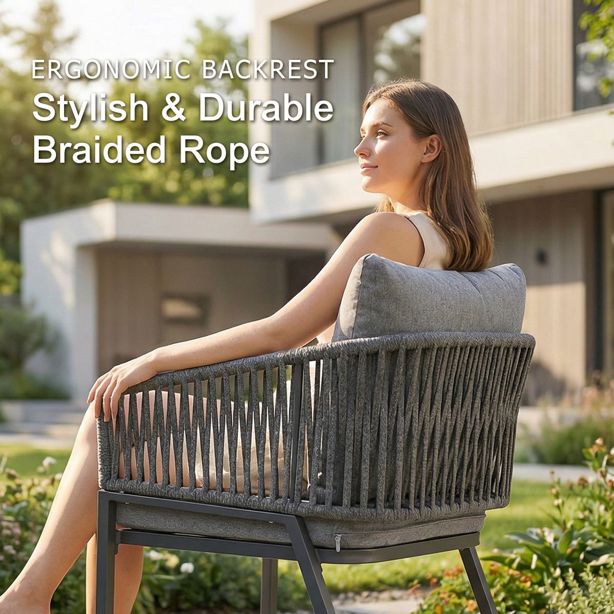 Ergonomic braided rope patio dining chair with light grey cushions