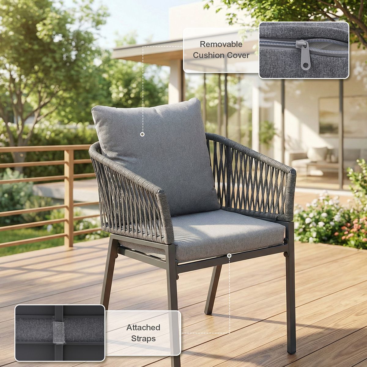 Patio dining chair with removable cushion cover and attached straps features callout