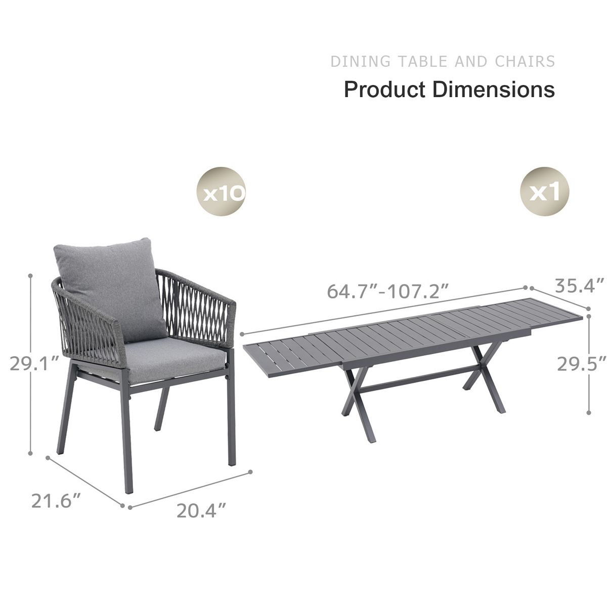 Product dimension diagram for expandable patio dining table and chairs set
