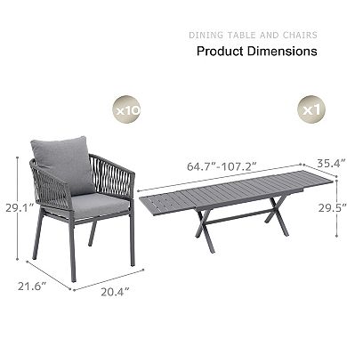 SUNSITT 11 Piece Patio Dining Set 65" - 107" Metal Expandable Dining Table w/ 10 Chairs Dark Grey
