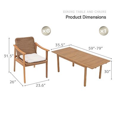 SUNSITT 7-Piece Outdoor Patio Dining Set, 59" - 79" Acacia Wood Expandable Table Set & 6 Chairs
