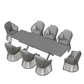 SUNSITT 9 pc Patio Dining Set 65" - 107" Metal Expandable Dining Table w/ 8 Chairs Dark Grey