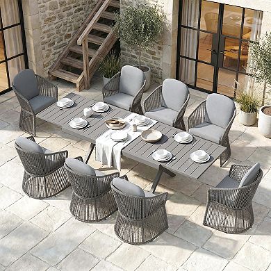 SUNSITT 9 Piece Patio Dining Set 65" - 107" Metal Expandable Dining Table w/ 8 Chairs Dark Grey
