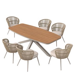 SUNSITT 7 pc Outdoor Patio Dining Set with Aluminum Dining Table w/ X Base Legs & 6 Chairs Beige