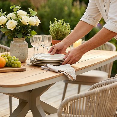 SUNSITT 7 Piece Outdoor Patio Dining Set with Aluminum Dining Table w/ X Base Legs & 6 Chairs Beige