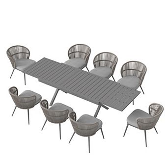 SUNSITT 9 pc Patio Dining Set 65" - 107" Metal Expandable Dining Table w/ 8 Chairs Dark Grey
