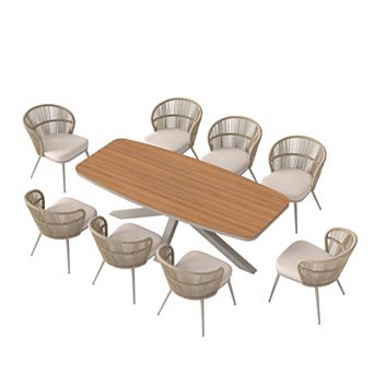 SUNSITT 9 pc Outdoor Patio Dining Set with Aluminum Dining Table w/ X Base Legs & 8 Chairs Beige
