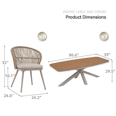 SUNSITT 9 Piece Outdoor Patio Dining Set with Aluminum Dining Table w/ X Base Legs & 8 Chairs Beige