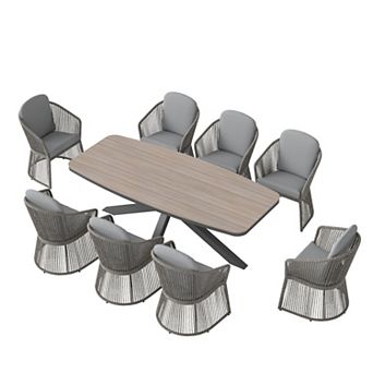 SUNSITT 9 pc Outdoor Patio Dining Set with Aluminum Dining Table X Base Legs & 8 Chairs Dark Grey