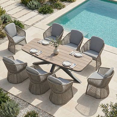 SUNSITT 9 Piece Outdoor Patio Dining Set with Aluminum Dining Table X Base Legs & 8 Chairs Dark Grey