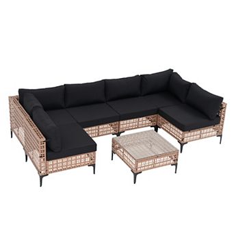 SUNSITT 7 pc Wicker Patio Furniture Set, PE Rattan Sofa Set with Cushion and Coffee Table