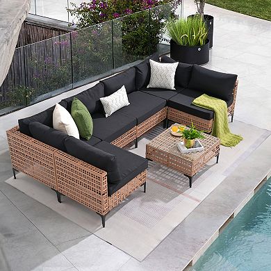 SUNSITT 7 Piece Wicker Patio Furniture Set, PE Rattan Sofa Set with Cushion and Coffee Table