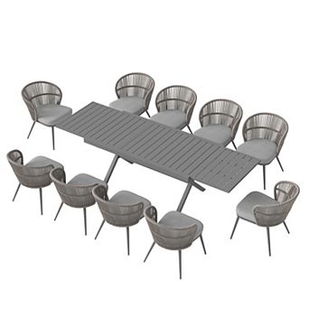SUNSITT 11 pc Patio Dining Set 65" - 107" Metal Expandable Dining Table w/ 10 Chairs Dark Grey