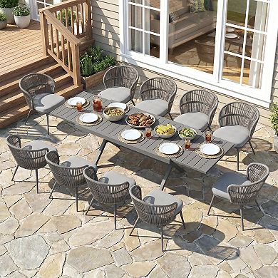 SUNSITT 11 Piece Patio Dining Set 65" - 107" Metal Expandable Dining Table w/ 10 Chairs Dark Grey