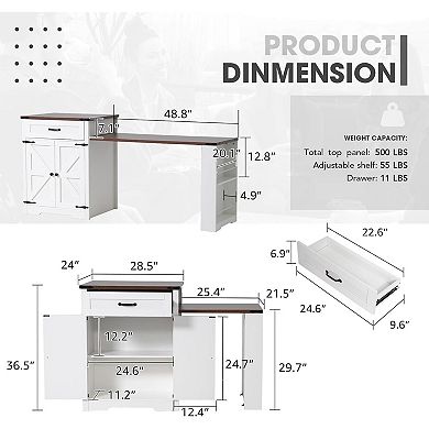 SUNSITT 76" Kitchen Island with Extendable Dining Table for 2-6 with Power Outlet & Spice Rack