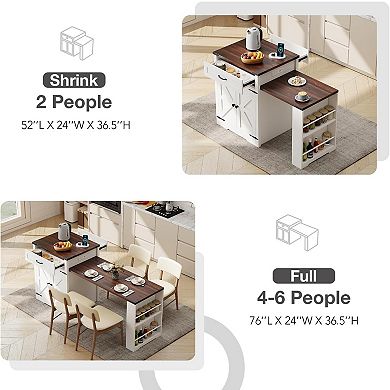 SUNSITT 76" Kitchen Island with Extendable Dining Table for 2-6 with Power Outlet & Spice Rack