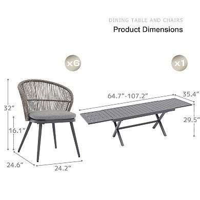 SUNSITT 7 Piece Patio Dining Set 65" - 107" Metal Expandable Dining Table w/ 6 Chairs Dark Grey