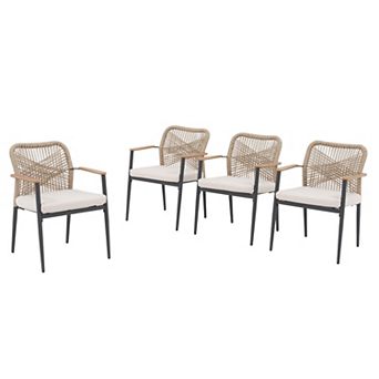 SUNSITT Patio Dining Chair Set of 4, Woven Wicker Outdoor Chairs with Faux Wood Grain Armrest