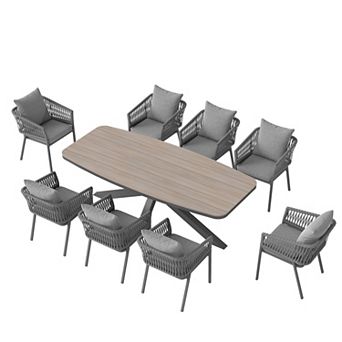 SUNSITT 9 pc Outdoor Patio Dining Set with Aluminum Dining Table X Base Legs & 8 Chairs Dark Grey