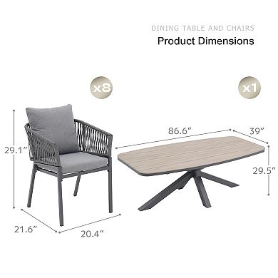 SUNSITT 9 Piece Outdoor Patio Dining Set with Aluminum Dining Table X Base Legs & 8 Chairs Dark Grey