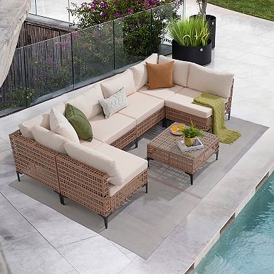 SUNSITT 7 Piece Wicker Patio Furniture Set, PE Rattan Sofa Set with Cushion and Coffee Table