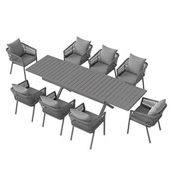 SUNSITT 9 pc Patio Dining Set 65" - 107" Metal Expandable Dining Table w/ 8 Chairs Dark Grey
