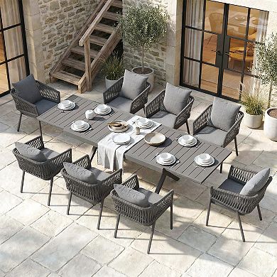 SUNSITT 9 Piece Patio Dining Set 65" - 107" Metal Expandable Dining Table w/ 8 Chairs Dark Grey