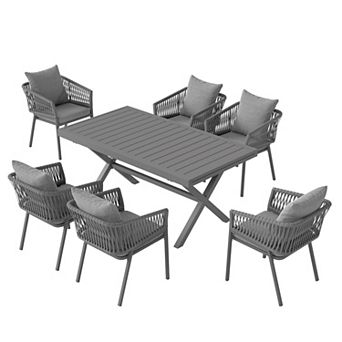 SUNSITT 7 pc Patio Dining Set 65" - 107" Metal Expandable Dining Table w/ 6 Chairs Dark Grey