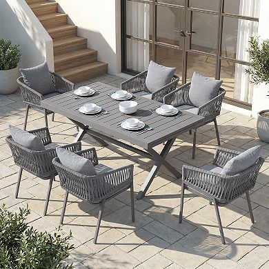 SUNSITT 7 Piece Patio Dining Set 65" - 107" Metal Expandable Dining Table w/ 6 Chairs Dark Grey