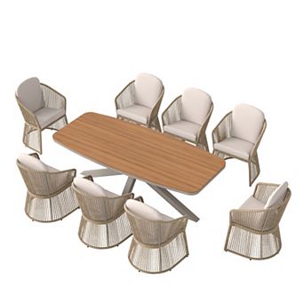 SUNSITT 9 pc Outdoor Patio Dining Set with Aluminum Dining Table w/ X Base Legs & 8 Chairs Beige