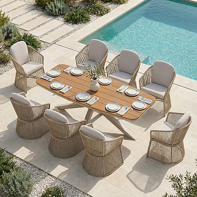 SUNSITT 9 Piece Outdoor Patio Dining Set with Aluminum Dining Table w/ X Base Legs & 8 Chairs Beige