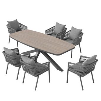 SUNSITT 7 pc Outdoor Patio Dining Set with Aluminum Dining Table X Base Legs & 6 Chairs Dark Grey