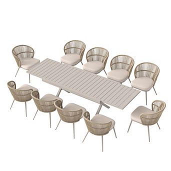 SUNSITT 11 pc Patio Dining Set 65" - 107" Metal Expandable Dining Table w/ 10 Chairs Beige
