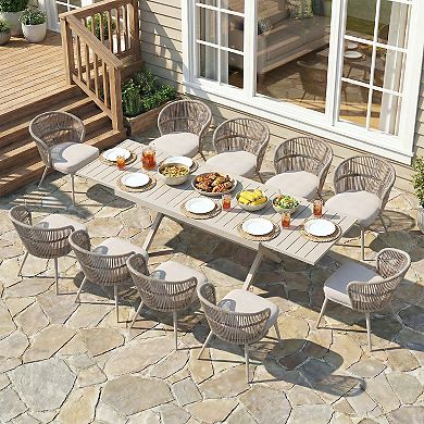 SUNSITT 11 Piece Patio Dining Set 65" - 107" Metal Expandable Dining Table w/ 10 Chairs Beige
