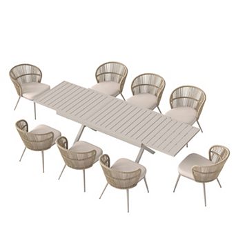 SUNSITT 9 pc Patio Dining Set 65" - 107" Metal Expandable Dining Table w/ 8 Chairs Beige