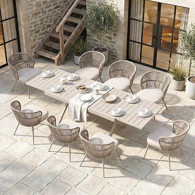 SUNSITT 9 Piece Patio Dining Set 65" - 107" Metal Expandable Dining Table w/ 8 Chairs Beige