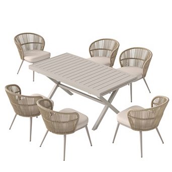 SUNSITT 7 pc Patio Dining Set 65" - 107" Metal Expandable Dining Table w/ 6 Chairs Beige