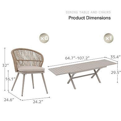 SUNSITT 7 Piece Patio Dining Set 65" - 107" Metal Expandable Dining Table w/ 6 Chairs Beige