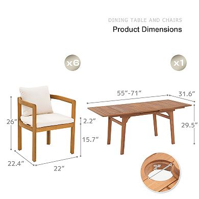 SUNSITT 7-Piece Outdoor Patio Dining Set, 55" - 71" Acacia Wood Expandable Table Set with 6 Chairs