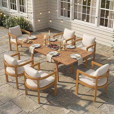 SUNSITT 7-Piece Outdoor Patio Dining Set, 55" - 71" Acacia Wood Expandable Table Set with 6 Chairs