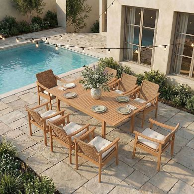 SUNSITT 9-Piece Outdoor Patio Dining Set, 59" - 79" Acacia Wood Expandable Table & 8 Chairs