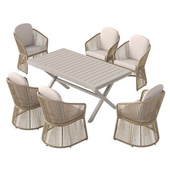 SUNSITT 7 pc Patio Dining Set 65" - 107" Metal Expandable Dining Table w/ 6 Chairs w/ Beige