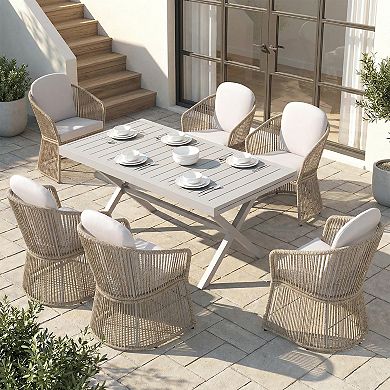 SUNSITT 7 Piece Patio Dining Set 65" - 107" Metal Expandable Dining Table w/ 6 Chairs w/ Beige
