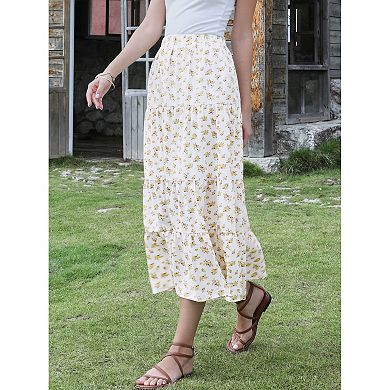 Flowy Maxi Skirt for Women Summer Elastic High Waisted Casual A-Line Long Skirts