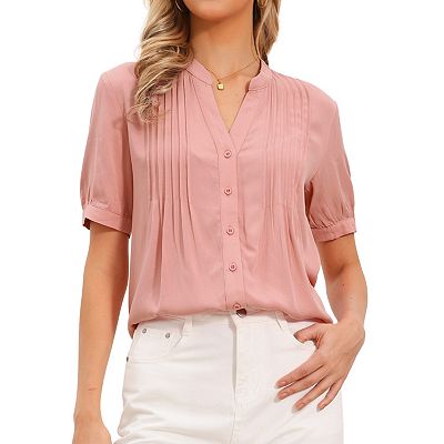 Button Down Shirts for Women Short Sleeve Pleated Front V Neck Shirt Tops Blouses