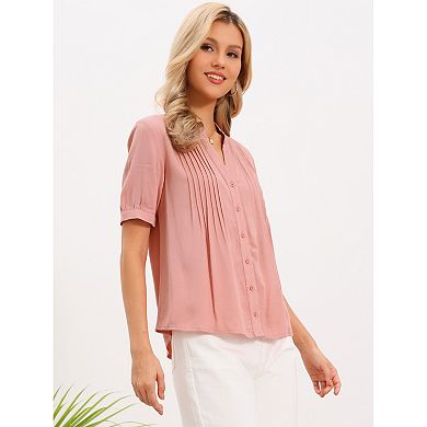 Button Down Shirts for Women Short Sleeve Pleated Front V Neck Shirt Tops Blouses