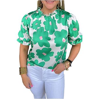 Floral Puff Sleeve Frill Neckline Blouse