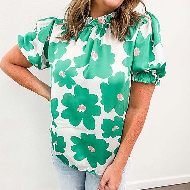 Floral Puff Sleeve Frill Neckline Blouse