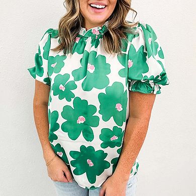 Floral Puff Sleeve Frill Neckline Blouse