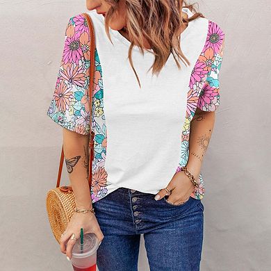 Floral Print Patchwork Short Sleeve Top